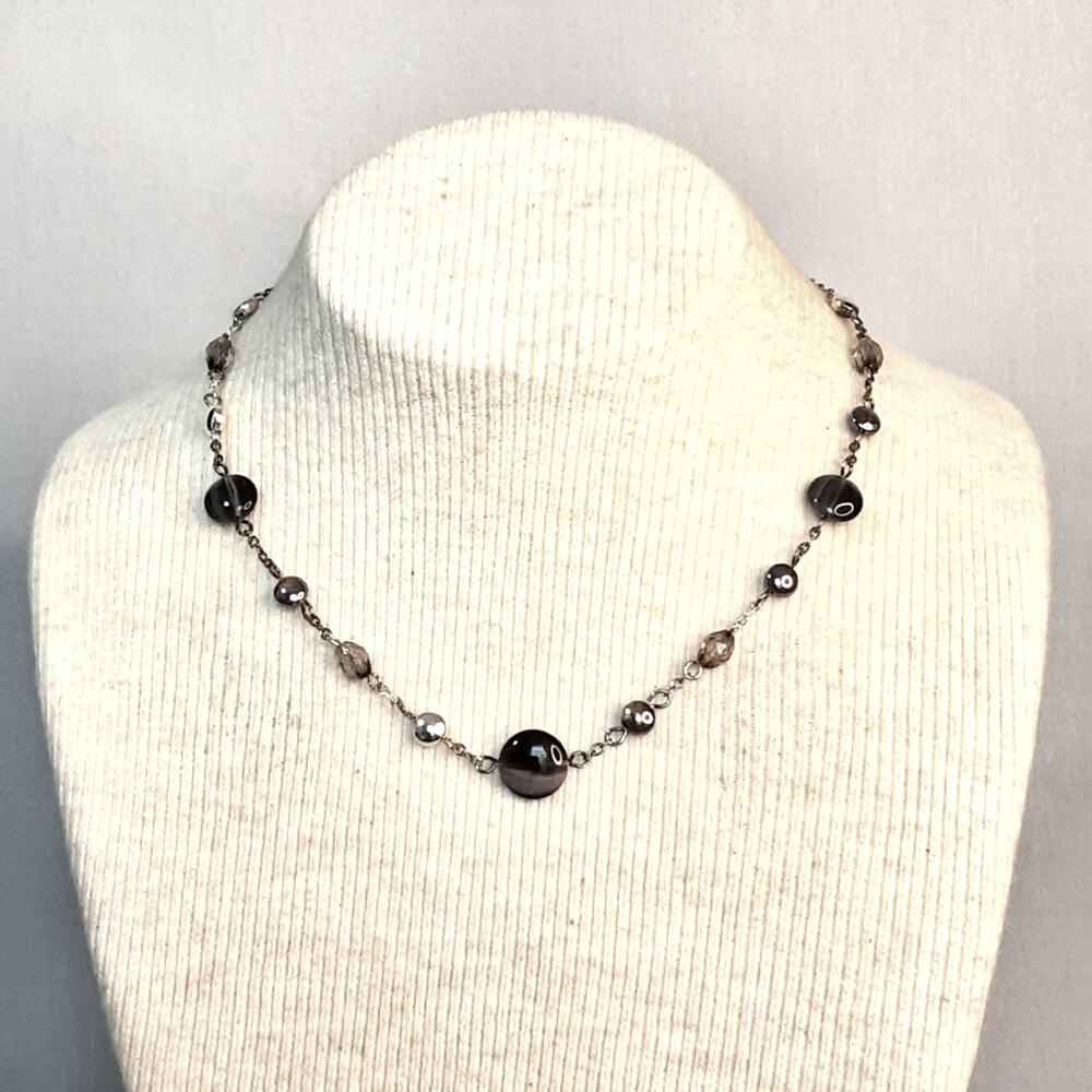 Womens Dainty Silver Tone Chain Black Tigers Eye Beads Station Choker Necklace